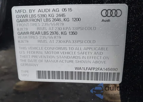 2015 Audi Q5 2.0T Premium z USA, uszkodzony, nr VIN WA1LFAFP2FA145690
